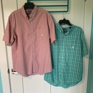 2-CHAPS Short Sleeve Shirts Plaid & Check Plaid Good Condition Cotton/Polyester